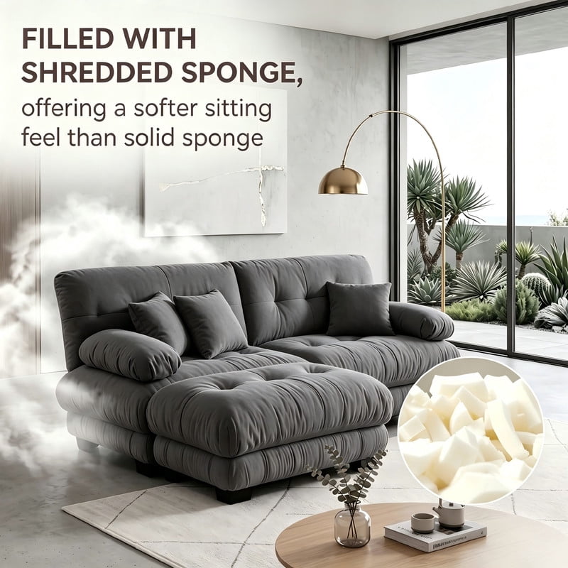 ANPPORT Cloud Couch Sleeper Sofa, Chenille Gray 2-Seater Modular Sofa with 1 Ottomans, 2 Lumbar pillows, 2 Pillows, Comfy Deep Seat Cloud Sofa, Convertible L-Shaped Floor Couch for Living Room