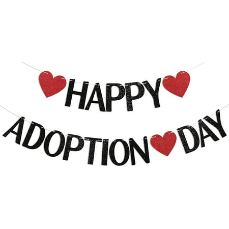 Happy Adoption Day Banner – Adop Celebration Party Decorations Child Adopted Pet Adoption Celebration Decorations Black Glitter