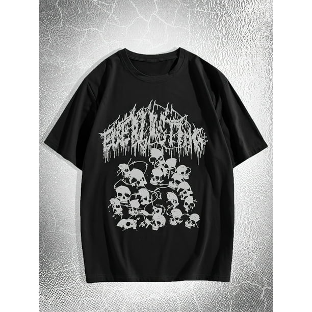Camiseta informal con estampado de calavera para hombre: cuello redondo, manga corta, ideal para todas las estaciones, ideal para deportes de ocio.