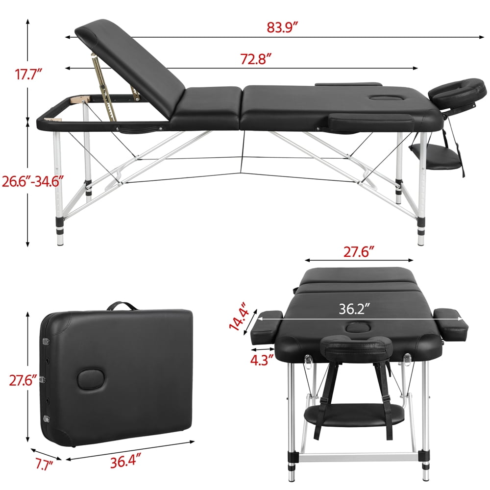 Alden design 3-Fold Adjustable Aluminum Massage Table for Spa Treatments & Tattoos, 84", Black
