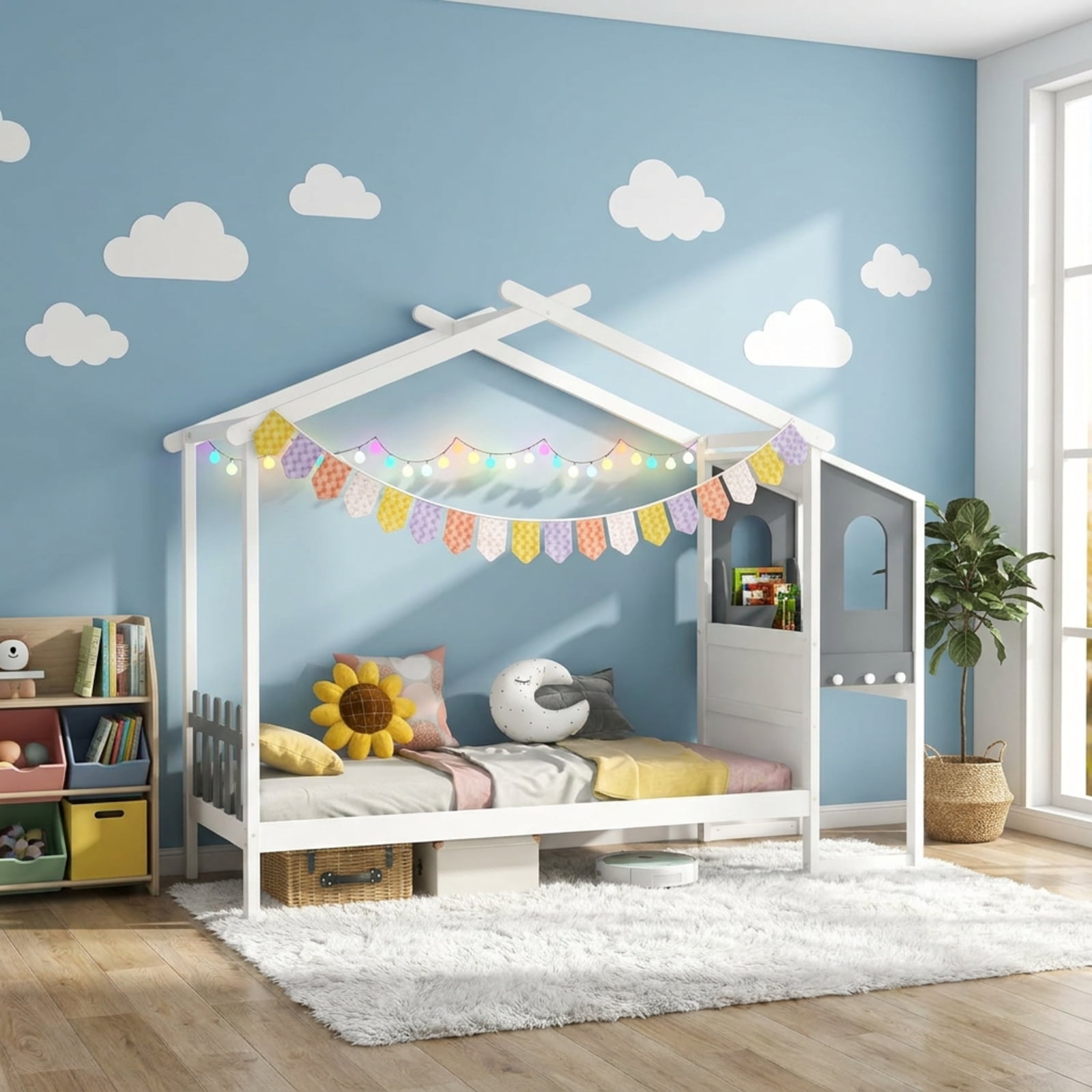 Furnibear Twin Size Kids House Bed Frame with Roof Canopy Fence and Storage Desk for Kids Bedroom, White and Gray