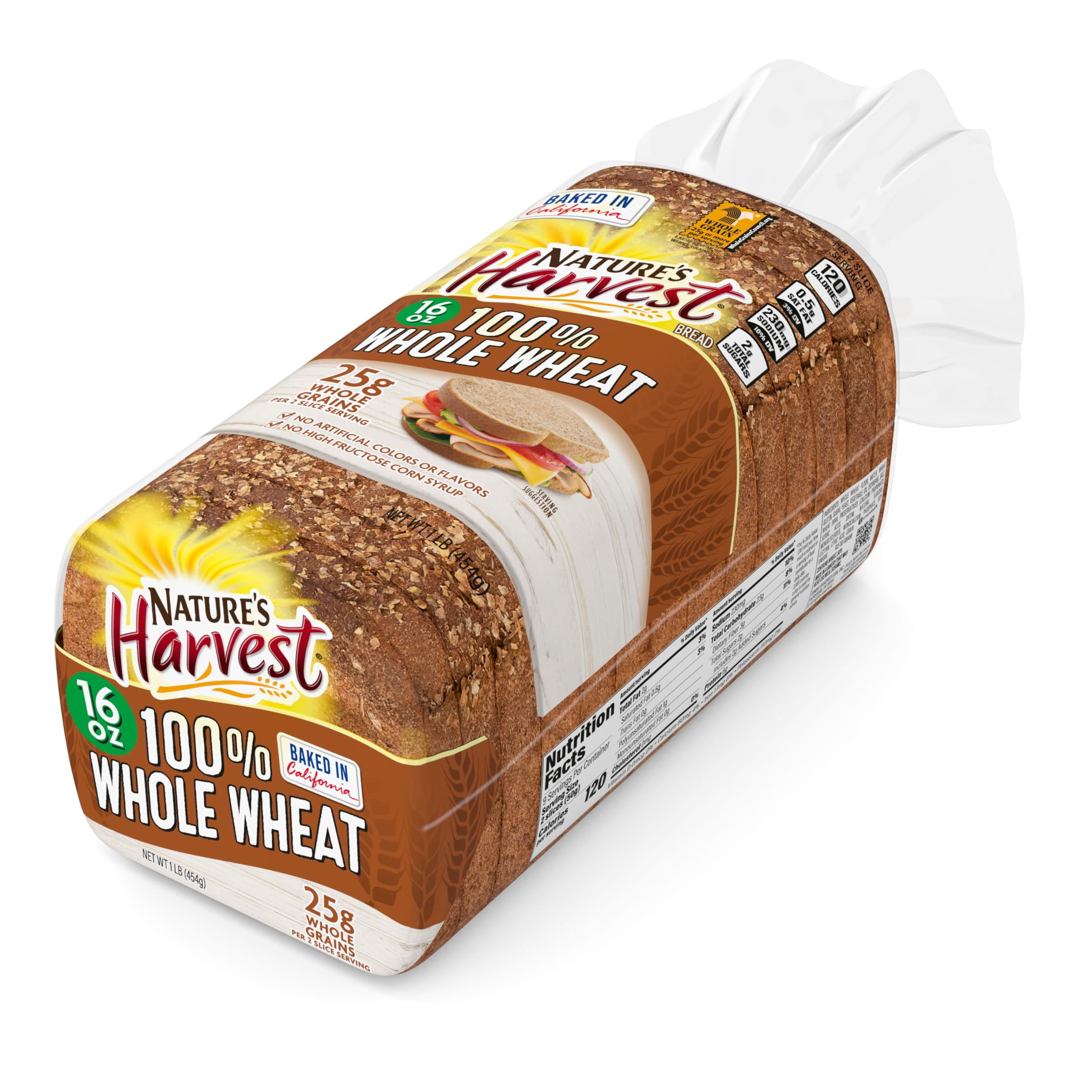 Nature's Harvest 100% Whole Wheat Bread, 16 oz, Wheat Bread, Bag