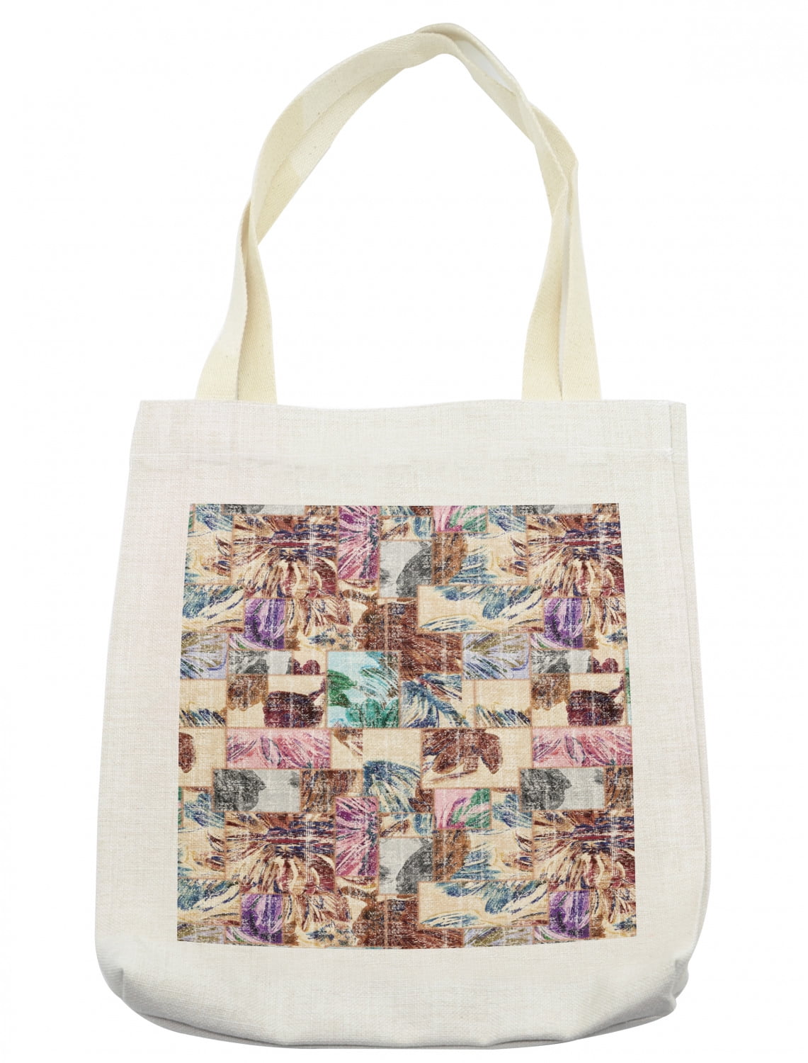 Vintage Tote Bag, Grunge Style Pattern with Artful Flowers in Squares