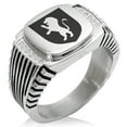 thumbnail image 1 of Stainless Steel Lion Courage Coat of Arms Shield CZ Ribbed Needle Stripe Pattern Biker Style Polished Ring, 1 of 1