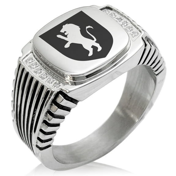 Stainless Steel Lion Courage Coat of Arms Shield CZ Ribbed Needle Stripe Pattern Biker Style Polished Ring