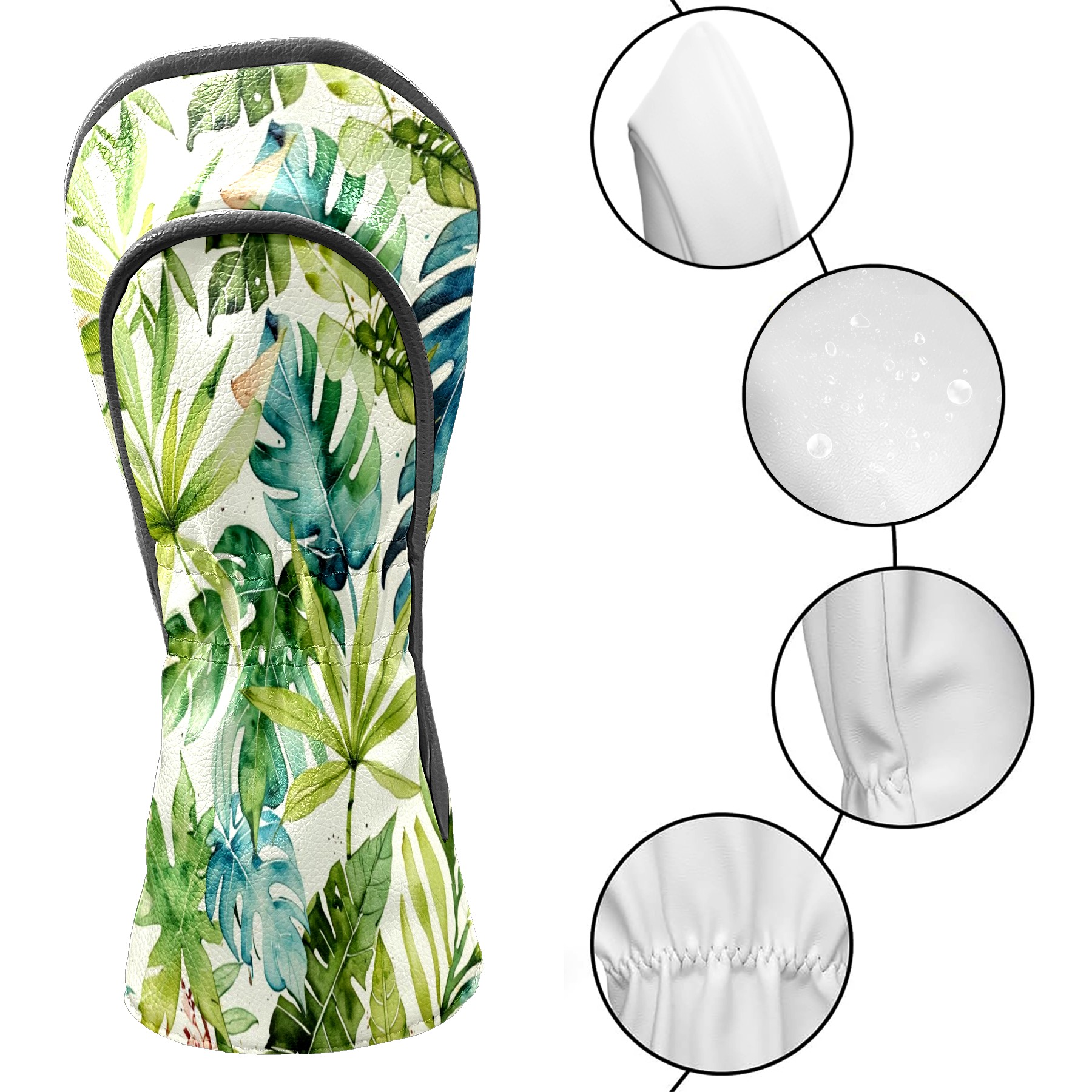 Golf Club Covers, Green Leaves Premium PU Leather Driver Hybrid Putter Head Covers with Velvet Lining, Waterproof Golf Gifts for Men Women