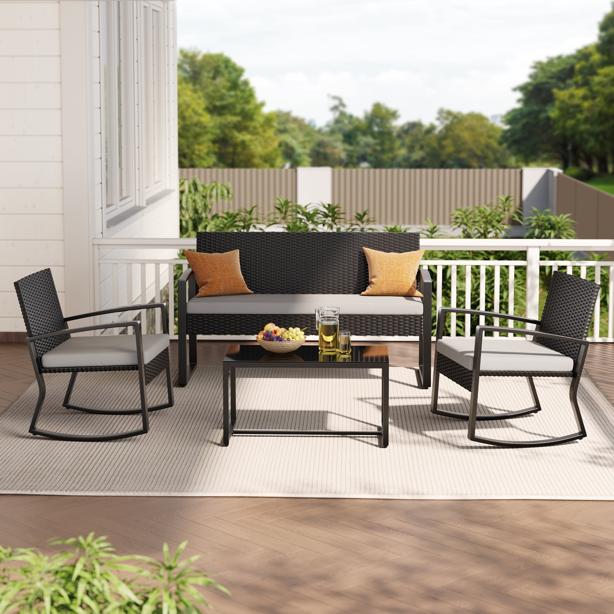 Lofka Patio Furniture Set, 4-Piece Outdoor Sectional Furniture Set with Coffee Table for Conversation & Dining, Gray Rattan