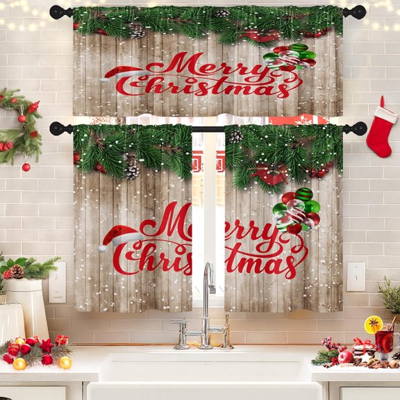Christmas Kitchen Window Curtains and Valances Set 36 Inch Vintage Berry Spruce Branch Short Tier Curtains, Winter Small Kitchen Decor