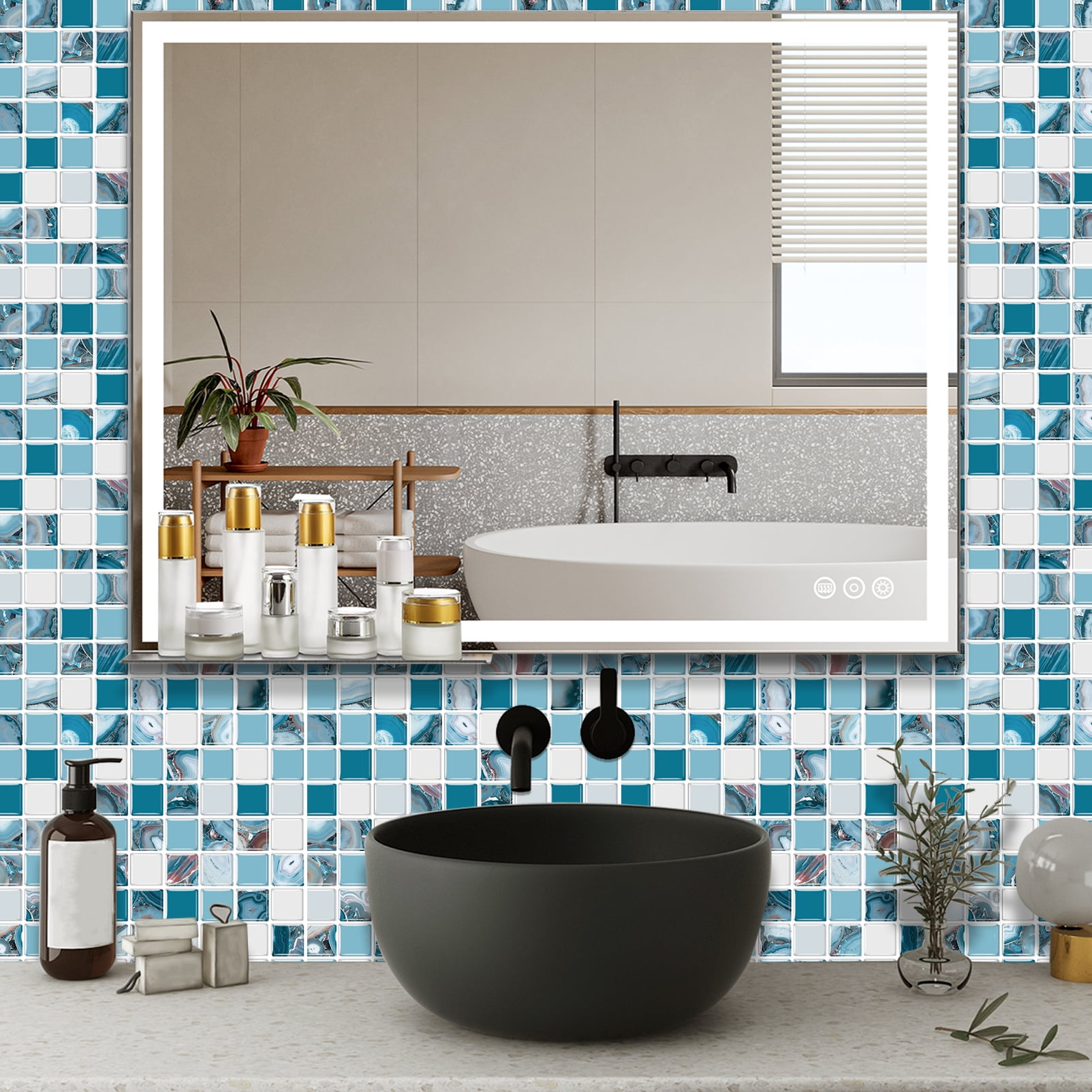 DEWOO 10 Sheet Thicker Mosaic Peel and Stick Backsplash Tile Removable Self Adhesive Wall Tiles for Bathroom Kitchen Counter (12"×12",Blue)