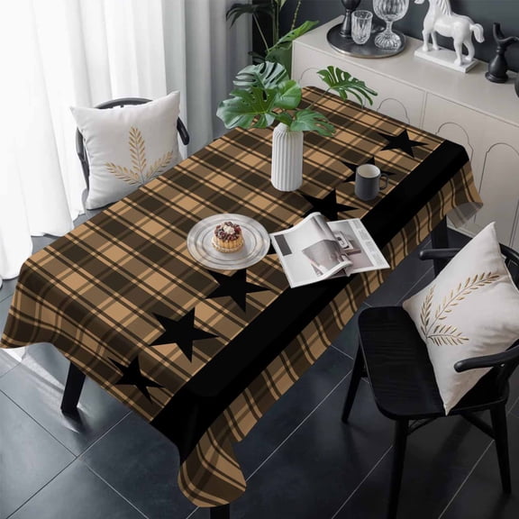 Brown Black Plaid Table Cloth Waterproof Tablecloths, Vintage Rustic Star Buffalo Check Tablecloth Dining Table Cover for Kitchen Party Tabletop Outdoor, Rectangle Tablecloth 60x120 Inch