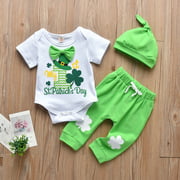Gueuusu Baby's Three-piece Suit, Print Romper + Pants + Hat for Party