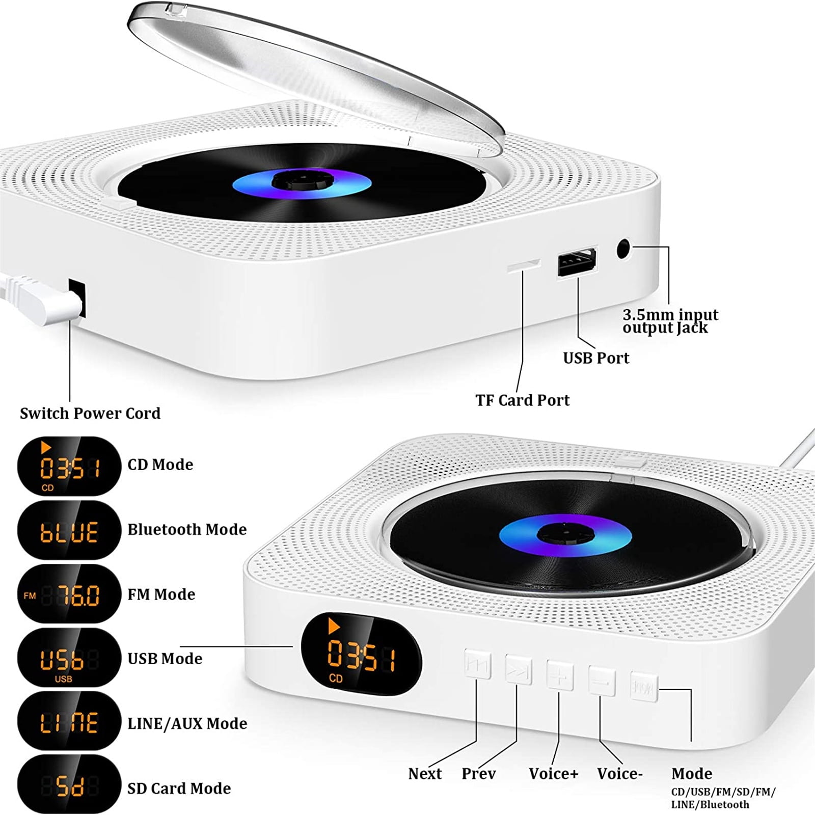 Qoosea Portable CD Player with Bluetooth, Wall Mountable CD Music Player, Home Audio Boombox with Remote Control Built-in Hifi Speakers MP3 Headphone Jack Aux Input Output