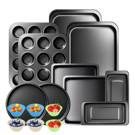 16pcs Bakeware Set Baking Pan Set Non-Stick Kitchen Oven Round/Square Cake Pan, Muffin Pan, Baking Pan, Cookie Sheet ,Muffin Cup Set Baking Supplies Christmas Black
