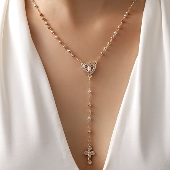14K Gold Plated Virgin Mary Rosary Necklace for Women, Hypoallergenic Non-Tarnish Catholic Y Lariat Cross Crucifix Jewelry Gift