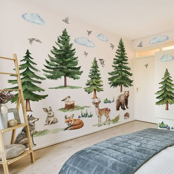 Mountain Tree owl Wall Decals Large Pine Tree Forest Animal Fox Wall Stickers Deer Wolf Wall Stickers DIY Removable Peel and Stick Wall Art Decals for Kids Room Classroom Nursery Bedroom Playroom Hom