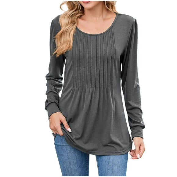aidice Tops for Women Casual Round Neck Long Sleeve Ruched Shirts Comfy Fitting Solid Color Blouses Tops