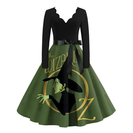 WEANT Women Dresses  Corset Dress Women s Witch Print V-Neck Slim High Waist Elegant Long Sleeve Swing Dress Army Green Xl