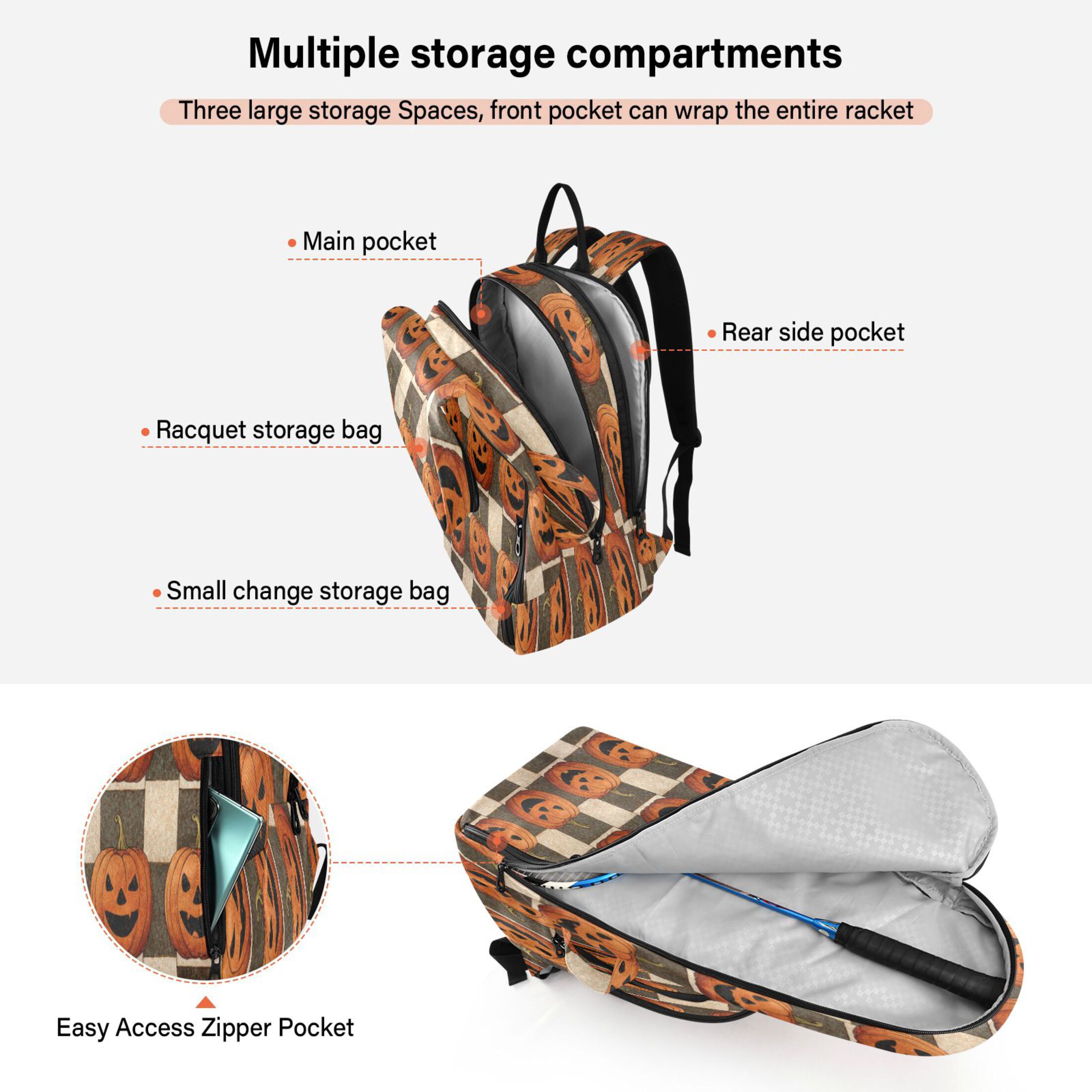 2 Racquet Holder Tennis Backpack Tennis Racket Covers Gym Bags Striped Wicked Pumpkins