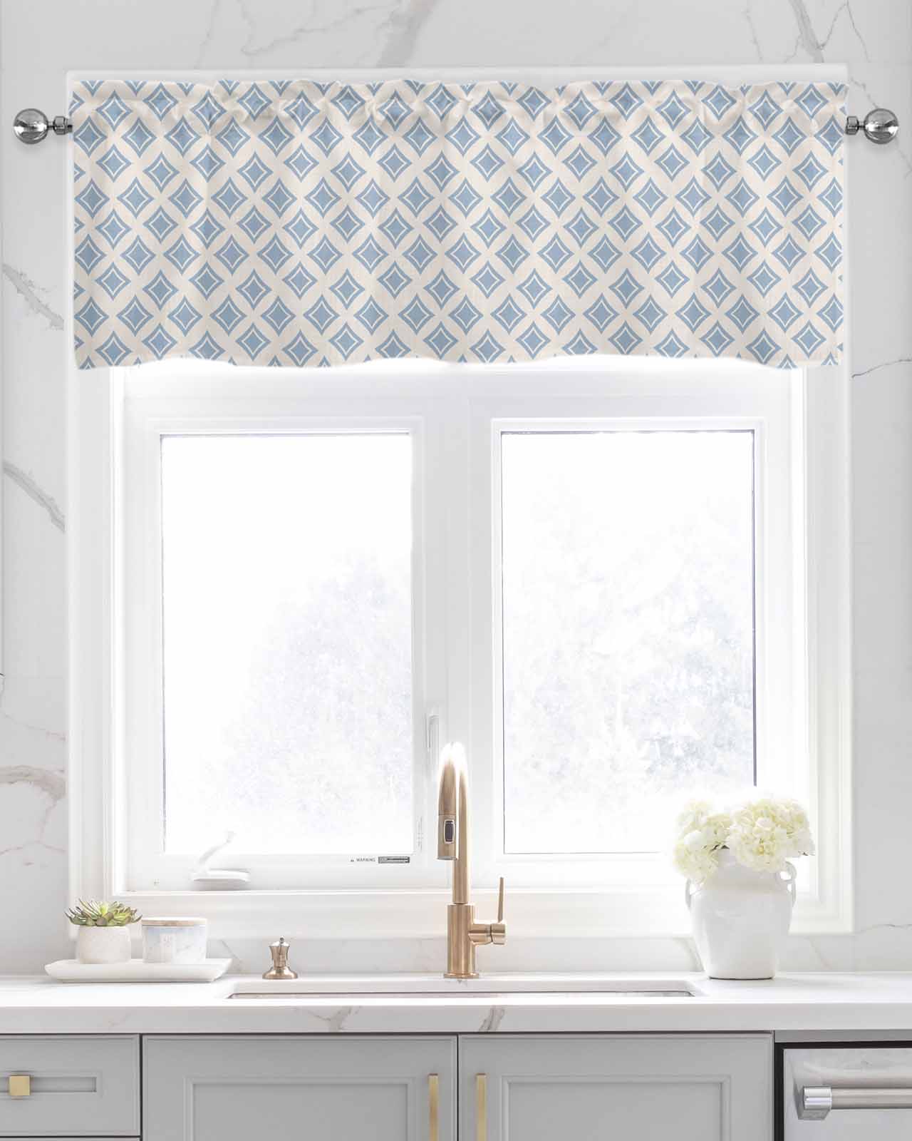 Abstract Blue Linen Curtain Valance for Bedroom/Bathroom/Kitchen/Office/Living/Dining Room Windows,Geometric Simple Modern Boho Art Rod Pocket Topper Drapes Decorative Cafe Drapery Panel 60x18