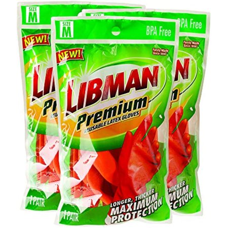 Libman Premium Reusable Latex Glove, Medium, Orange, 3 Pair