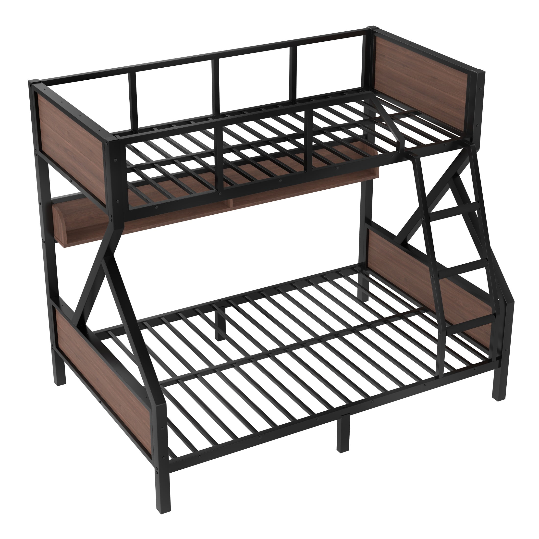 Aukfa Heavy-Duty Twin Over Full Bunk Bed with LED Lights & Storage Shelves, Metal Frame with Guardrails for Kids Teens Adults, Black