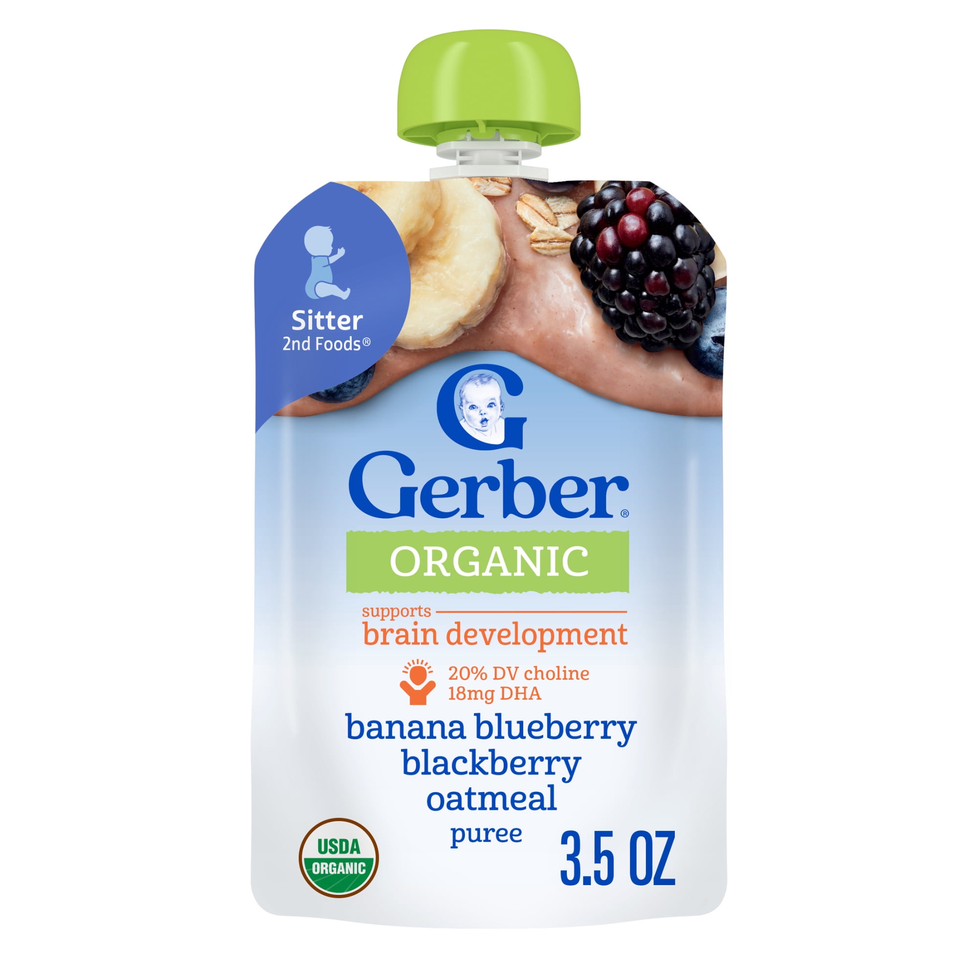 Gerber Organic Stage 2 Baby Food Puree, Banana Blueberry Blackberry Oatmeal, 3.5 oz Pouches