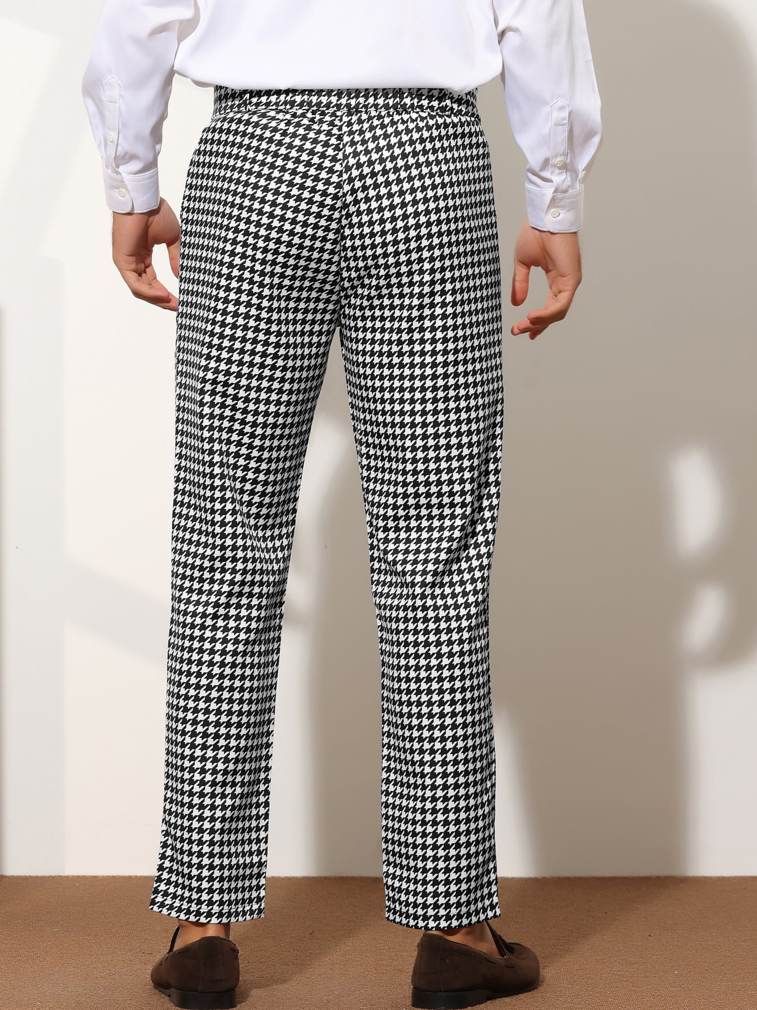Unique Bargains Men's Houndstooth Pattern Pants Slim Fit Business Plaid Dress Trousers 38 White Black