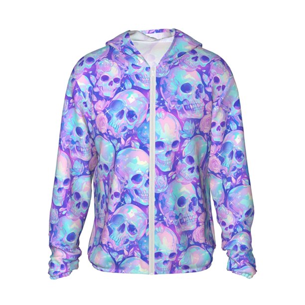 Fotbe Blue Skull Daisy Chaqueta con Protección Solar UPF 50+ para Hombre y Mujer, Camisa con Capucha y Bolsillos-Small
