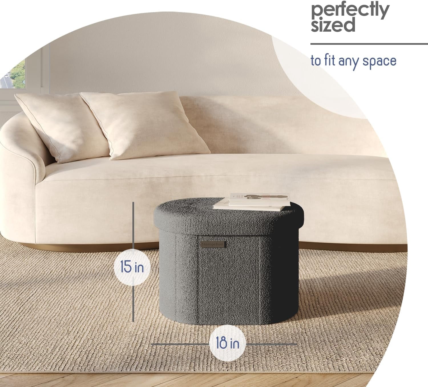 Round Ottoman with Storage for Living Room, 18 Inch Storage Ottoman, Small Ottomans Foot , Boucle Foot Stool Ottomans  330lbs,