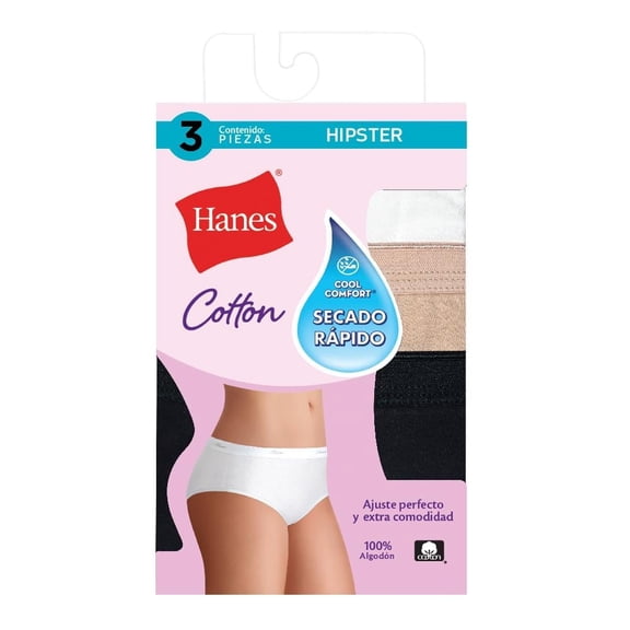 Pantaleta Hanes para Mujer, Corte Hipster Multicolor 3 Piezas Talla M