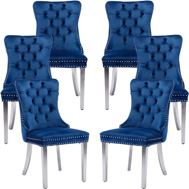 Blue Velvet Dining Chairs Set of 6, Kitchen & Dining Room Chairs Set of