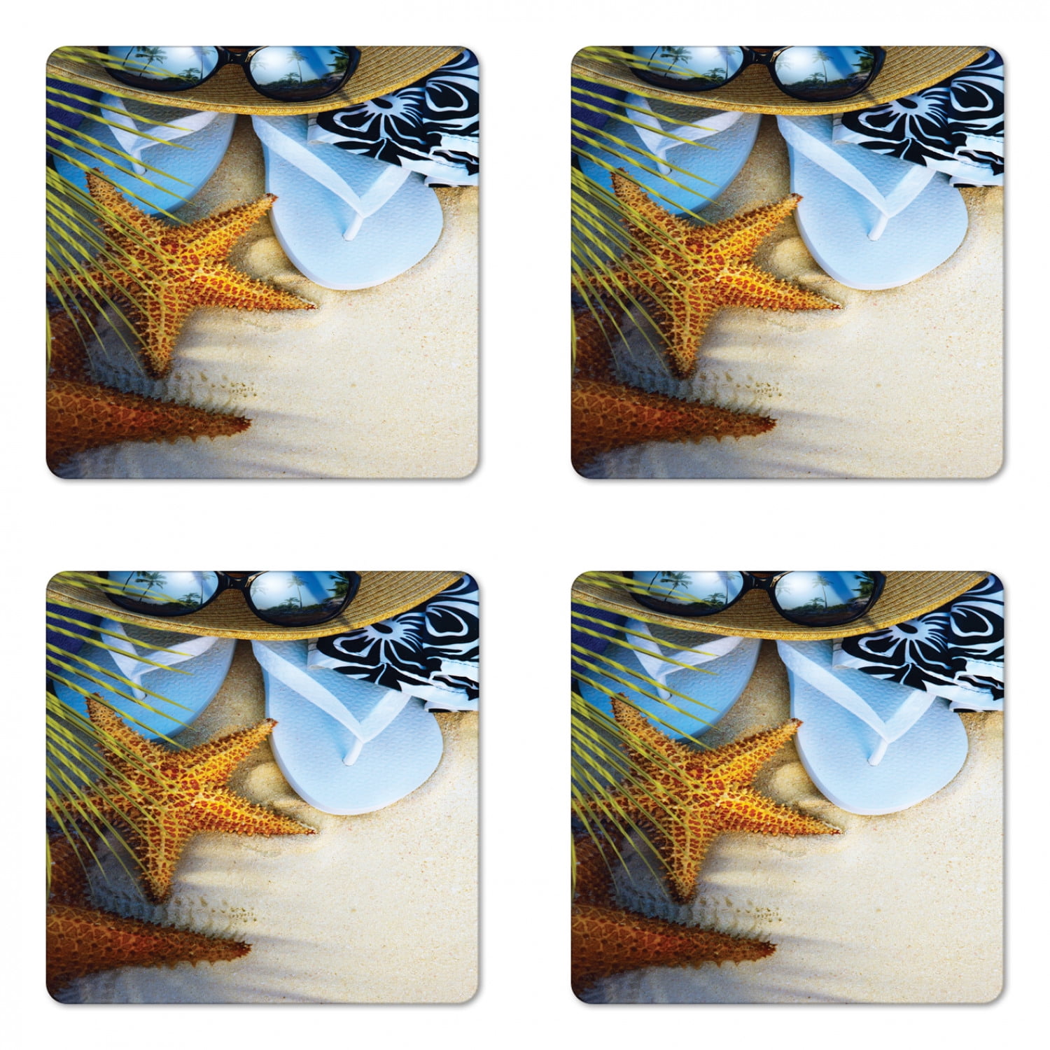 Beach Coaster Set of 4, Dream on the Tropical Beach Seashell Starfish Sea Star Sunglasses Flip