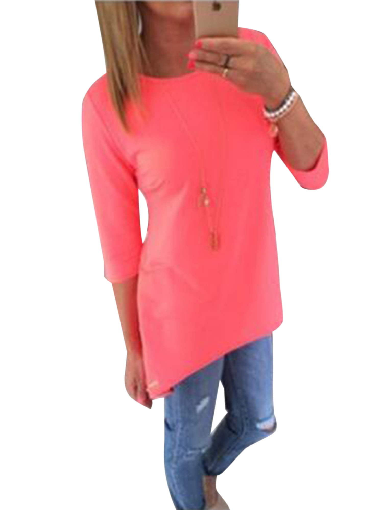 Women 3/4 Long Sleeve Tops Loose Trim Solid Color Round Neck Plus Size