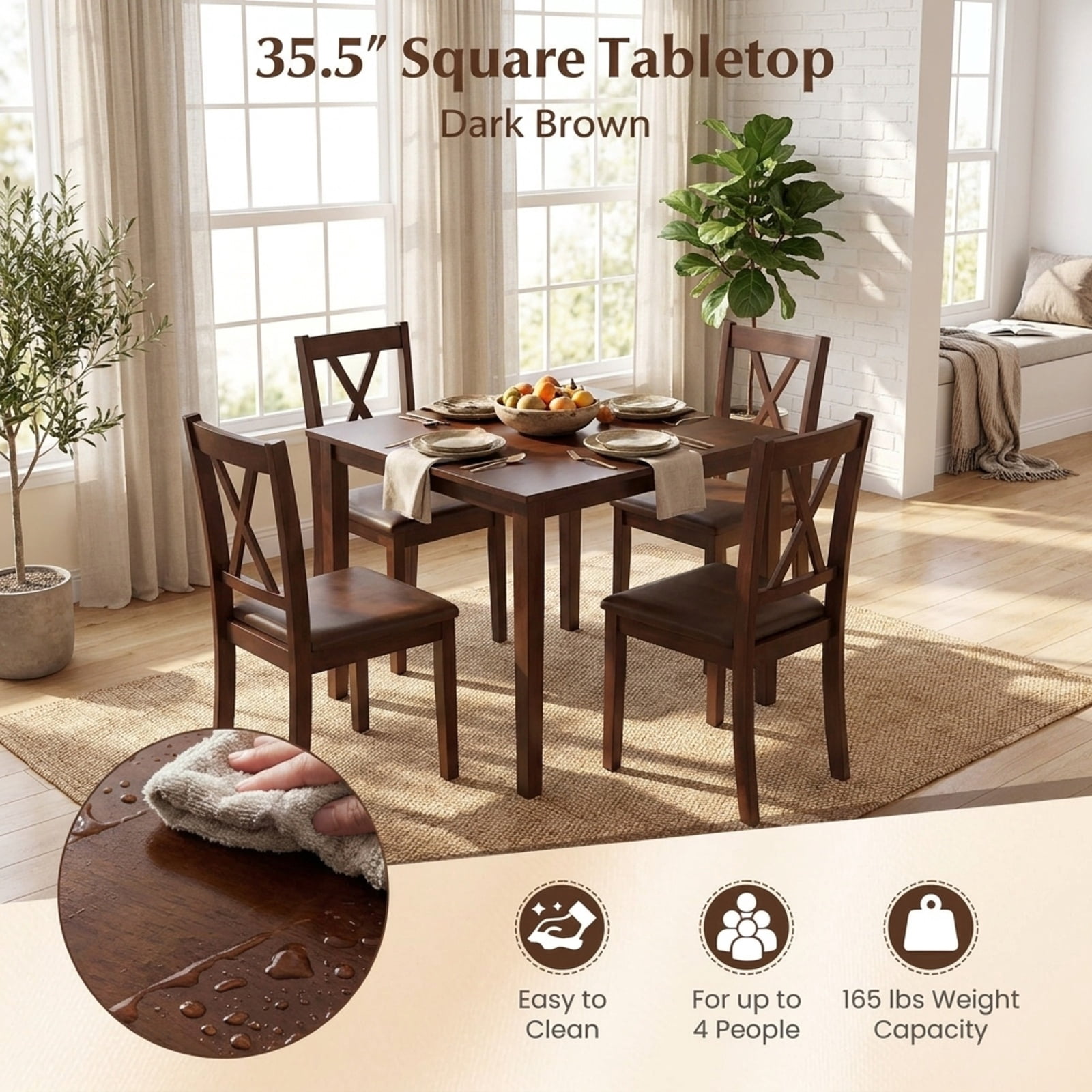 Furnibear Farmhouse Dining Table for 4 People 35 Inches Square Kitchen Table for Kitchen Dining Room Breakfast Nook Small Space Home, Walnut