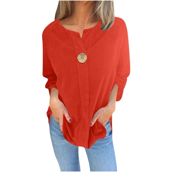Lenpel Women's Cotton Linen Tops Trendy Long Sleeve V Neck Solid Color Casual T Shirts Loose Tunic Blouses(Red,X-Large)