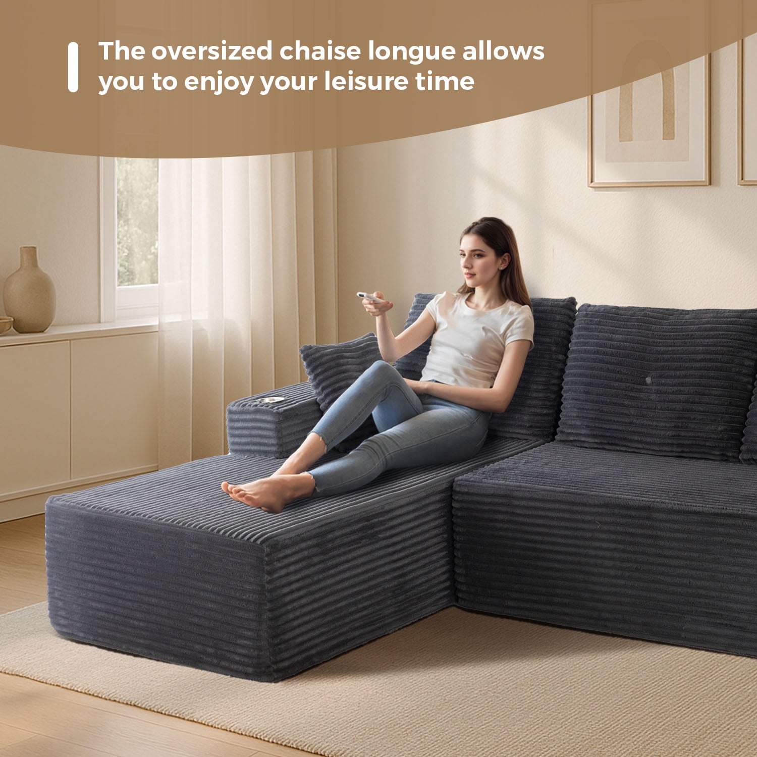BYBYME 104" Cloud Sectional Couch with L-Shape Chaise Modern Comfy Modular Plush Corduroy Sofa for Living Room, No Assembly Required, Left Facing Chaise,Dark Grey