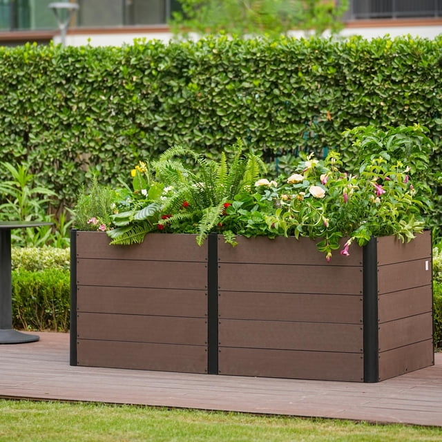 Wood-Look Elevated Garden Bed – 124x64x75cm Deep Root Planter Box – Durable Composite, Space-Saving, Easy Assembly with Open Bottom – Perfect for Vegetables, Herbs, Flowers – No Bottom Included