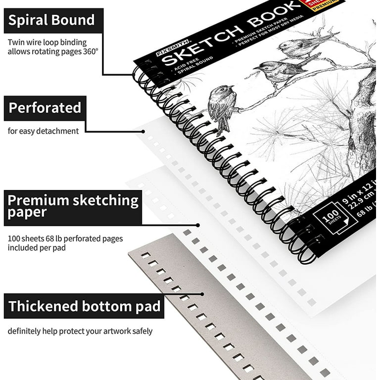  U.S. Art Supply 9 x 12 Mixed Media Paper Pad Sketchbook, 2  Pack, 60 Sheets, 98 lb (160 gsm) - Spiral-Bound, Perforated, Acid-Free -  Artist Sketching, Drawing, Painting Watercolor, Acrylic, Wet