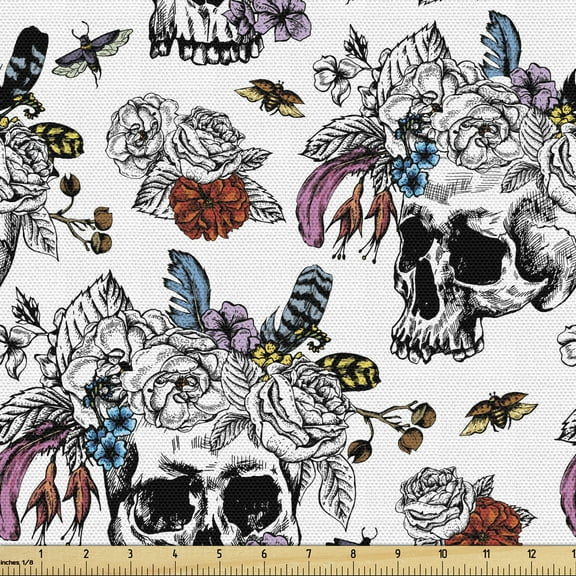 Ambesonne Gothic Fabric by the Yard Upholstery, Day of the Dead Skulls, 2 Yards, Multicolor