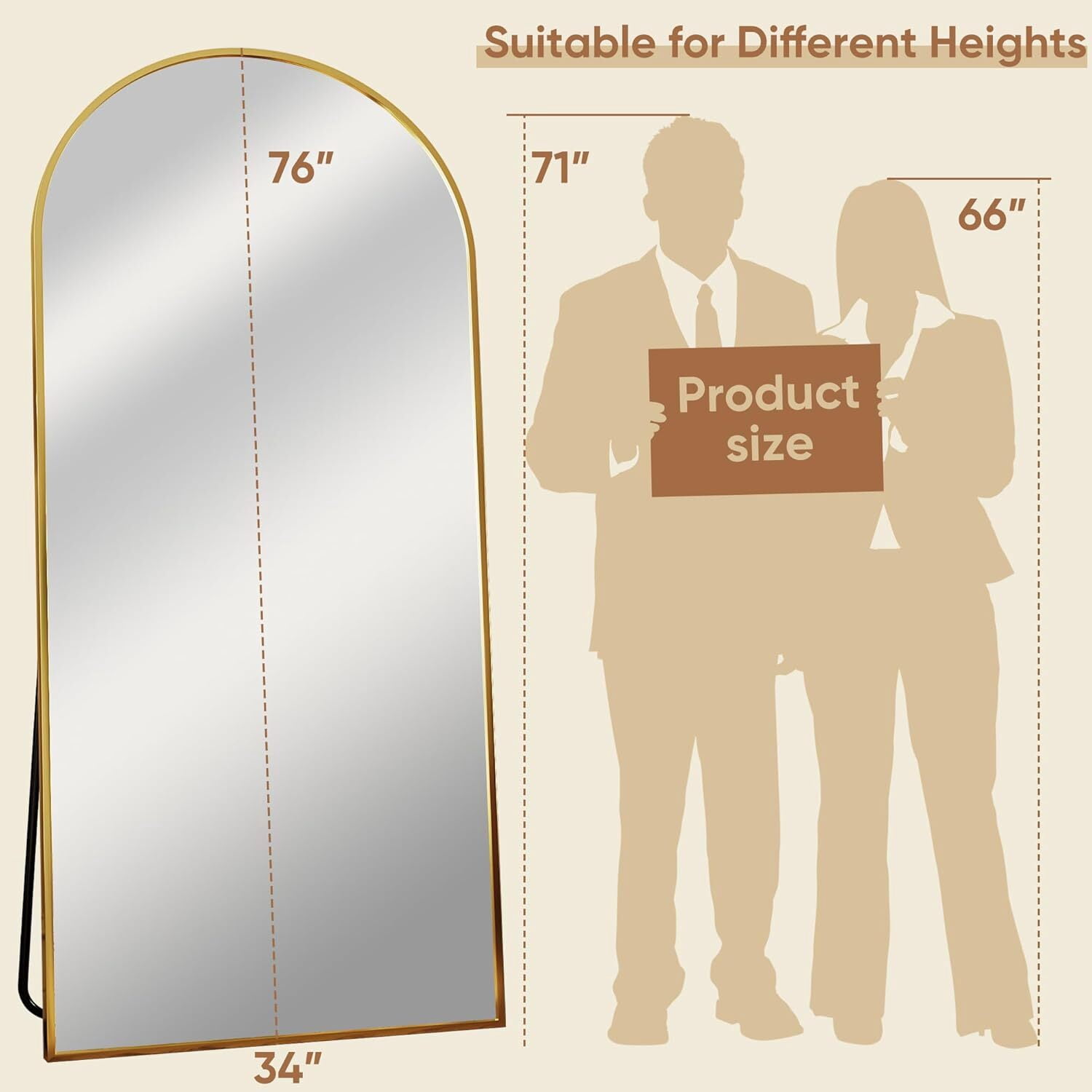 Anyrose 76"x 34" Arched Full Length Mirror Floor Mirror with Stand Wall-Mounted,Gold