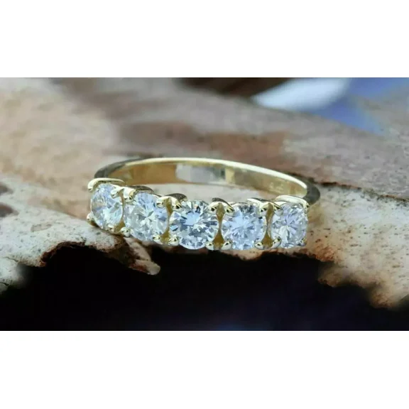 2TCW Round Cut Lab Created Diamond 5 Stone Wedding Band Ring in 14K Yellow Gold Plated