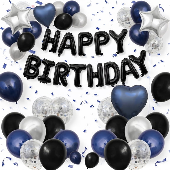 Birthday Party Decorations Blue Black White Balloon Set with Happy Birthday Banner Silver Confetti for Men Women Adults Kids