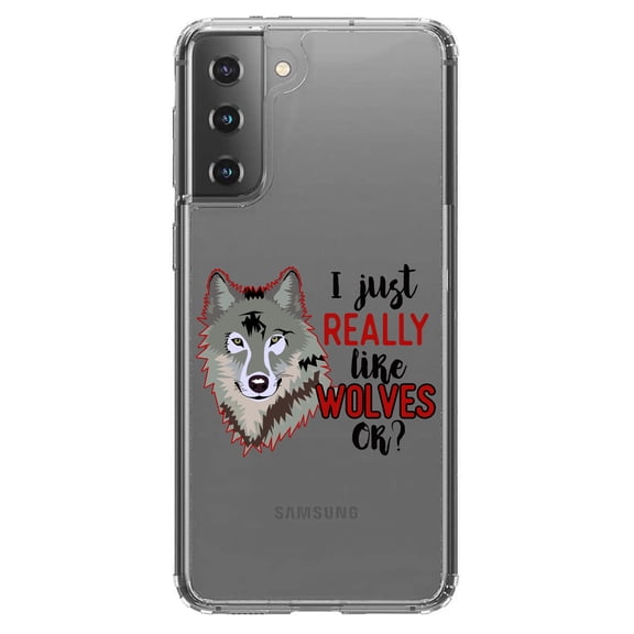 DistinctInk Clear Shockproof Hybrid Case for Galaxy S21 5G (6.2" Screen) - TPU Bumper Acrylic Back Tempered Glass Screen Protector - I Just Really Like Wolves OK?
