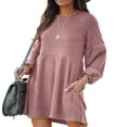 thumbnail image 1 of Jupe en Tricot Côtelé pour Femmes, Manches Lanterne, Col Rond, Robe Courte, Chandail-Over, Jupe Chandail avec Poches, Automne Hiver, Jupe du Bas, 1 of 5