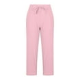 thumbnail image 4 of biudgviw Summer Pants for Women Drawstring Waisted Cotton Linen Pants Cuffed Hem Wide Leg Pants with Pockets Beach Vacation Trousers, 4 of 6