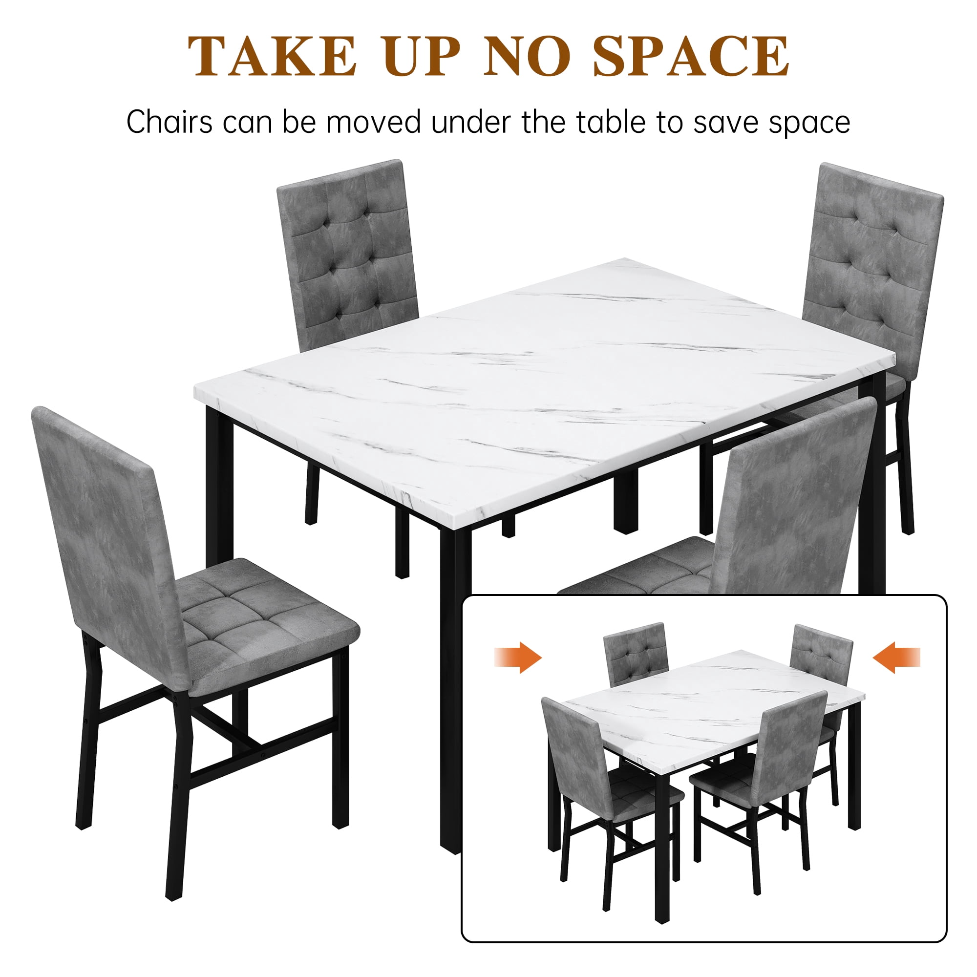 Baxluxe 4-Person Dining Table Set for 4, 5 Pieces Faux Marble Kitchen Table and Chairs Set, Rectangle Dining Table with 4 Tufted Velvet Dining Chairs, Modern Dinette Set for Breakfast Nook, Gray