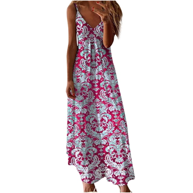 Vestido de Verano para las Mujeres Sexy Impreso Camis sin Mangas Cuello en V, Poliéster Casual Spandex para el Uso Diario Y de Primavera