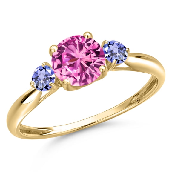 Gem Stone King 10K Yellow Gold Pink Created Sapphire and Blue Tanzanite 3-Stone Ring for Women | 1.30 Cttw | Round 6MM | Gemstone September Birthstone | Size 7