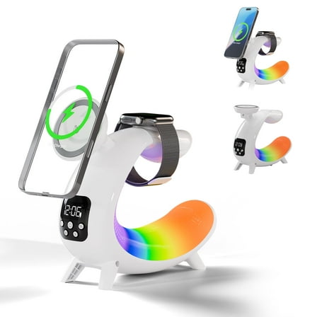 Chicarygo Charging Station , 6 in 1 Wireless Charger for iPhone 17 16 15 14 13 12, for AirPods, for iWatch, with Night Light and Bluetooth Speaker