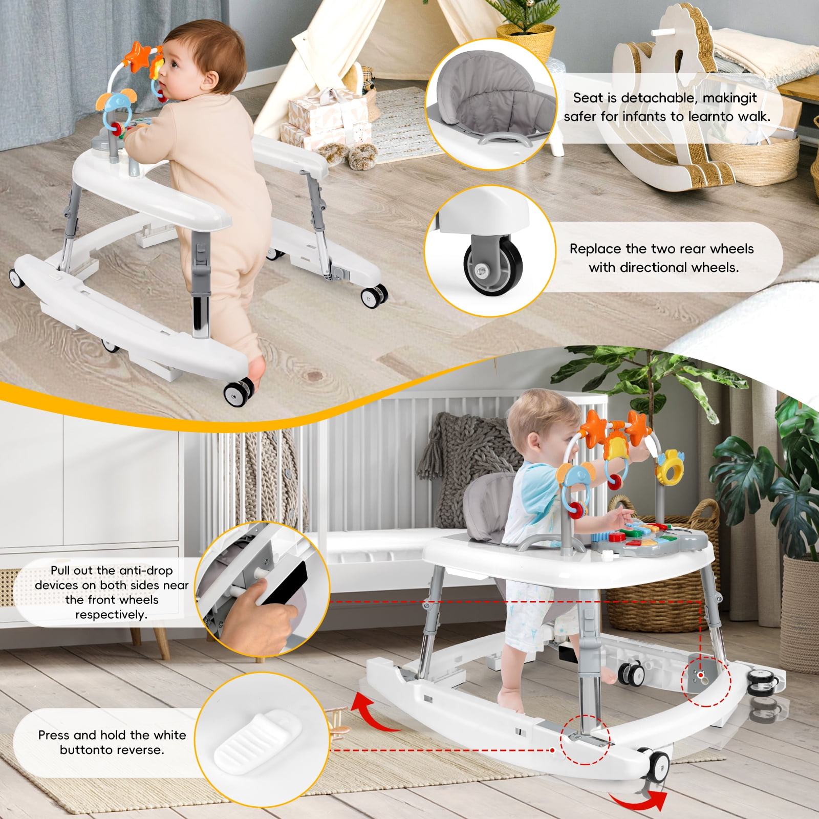 XIOYIG 5 in 1 Baby Walker, Music and Lights Walker for Baby Boy Girls 6-18 Months, Foldable Baby Walkers with Wheels and Bouncer Combo Portable, Toddler Infant Walker with Adjustable Height